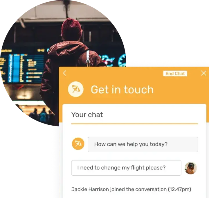 Live chat interface with person looking at flight board