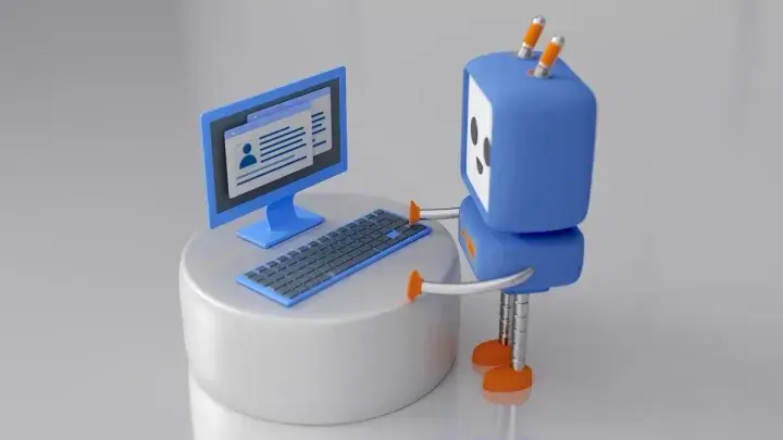 A graphic of a chatbot standing at a computer on a white desk